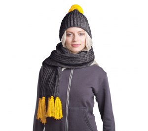 GoSnow, вязаный комплект шарф и шапка, антрацит c фурнитурой желтый
