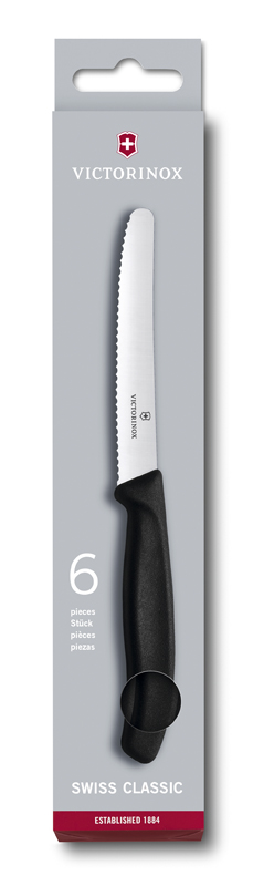 Набор из 6 столовых ножей VICTORINOX SwissClassic, 11 см, серейторная заточка, чёрная рукоять