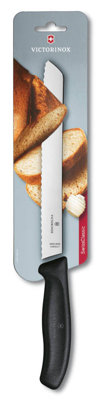 Нож для хлеба VICTORINOX SwissClassic, лезвие 21 см с серейторной заточкой, чёрный, в блистере