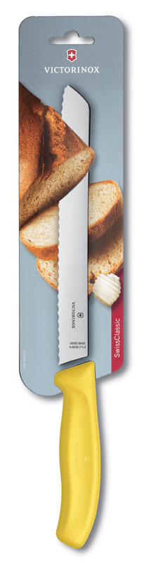 Нож для хлеба VICTORINOX SwissClassic, лезвие 21 см с серейторной заточкой, жёлтый, в блистере