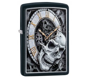 Зажигалка ZIPPO Skull Clock с покрытием Black Matte, латунь/сталь, чёрная, матовая, 36x12x56 мм