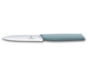 Нож для овощей и фруктов VICTORINOX Swiss Modern, лезвие 10 см с волнистой кромкой, серо-голубой