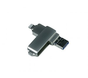 USB-флешка на 32 Гб, интерфейс USB3.0, поворотный механизм,c дополнительными разъемами для I-phone Lightning и Micro USB,  полностью металлический корпус, серебро